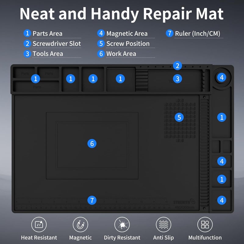 STREBITO Solder Mat Electronics Mat Silicone Repair Mat, Heat Resistant 932°F, Magnetic Project Mat Solder Pad for Soldering, Computer, Laptop, Cell Phone, RC, Gun, Size 17.7" x 11.8" (Black) - Image 5